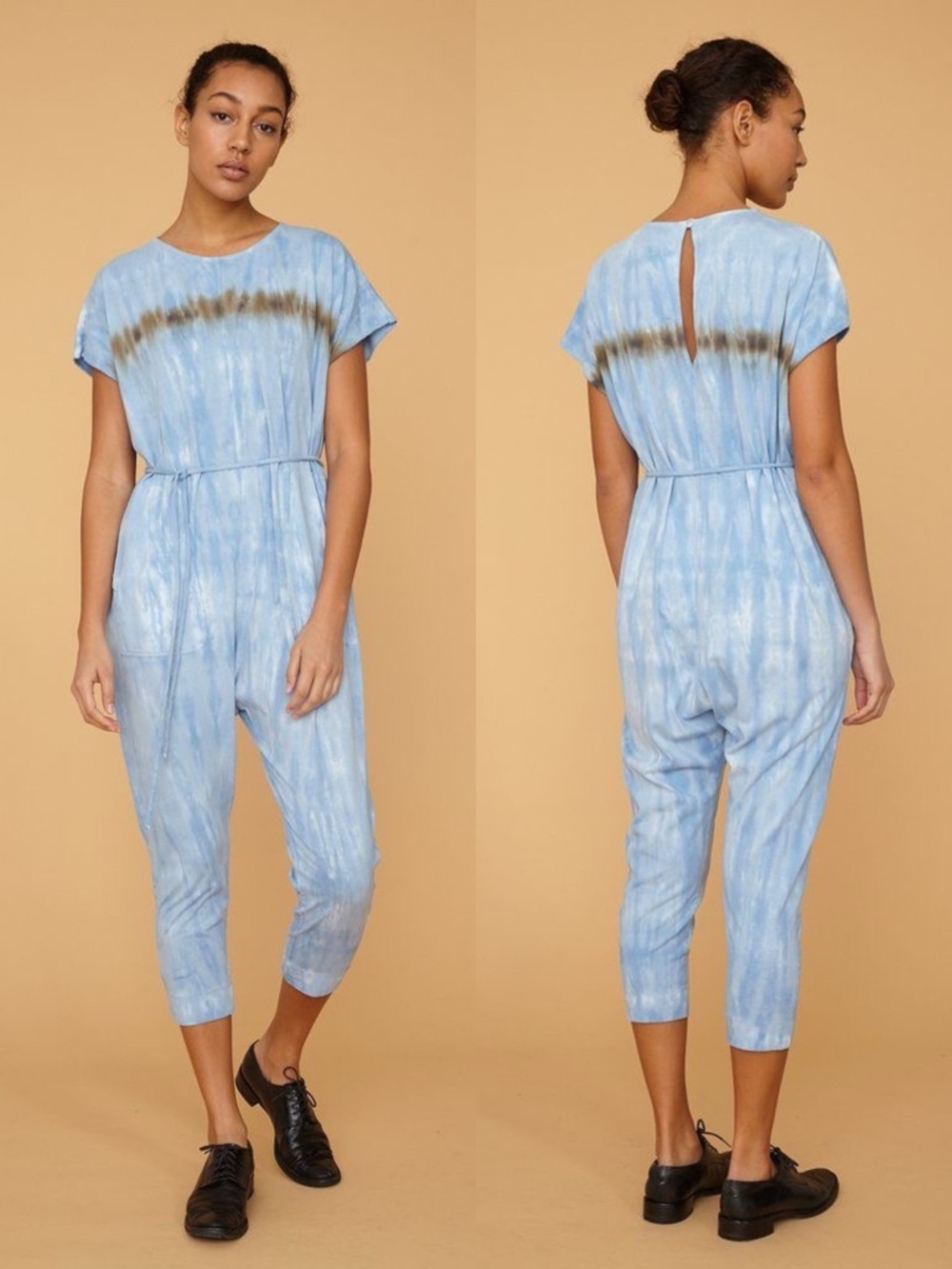 Raquel Allegra blue stripe tie dye jersey jumpsuit size 0 XS extra small